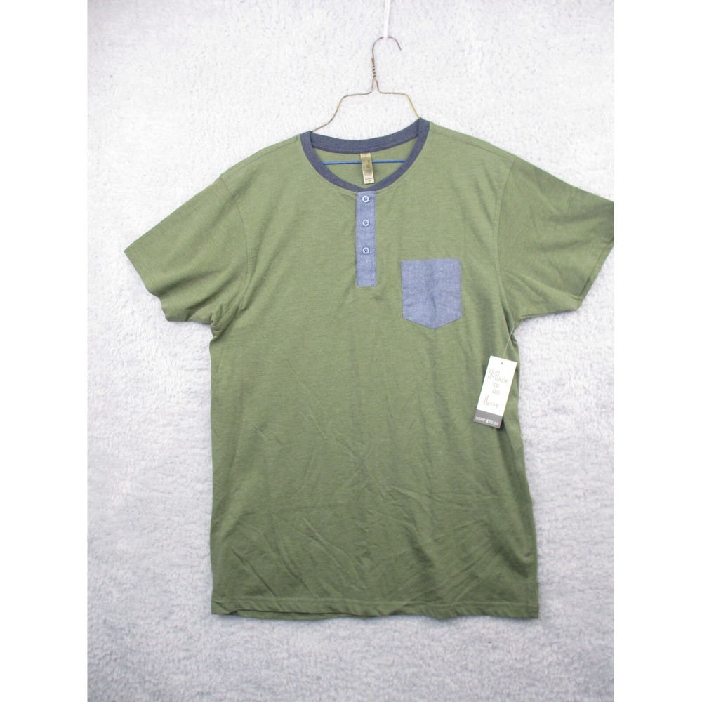 MTTL Made To Live Men's XL Green Henley T-Shirt Short Sleeve Chambray Pocket NWT